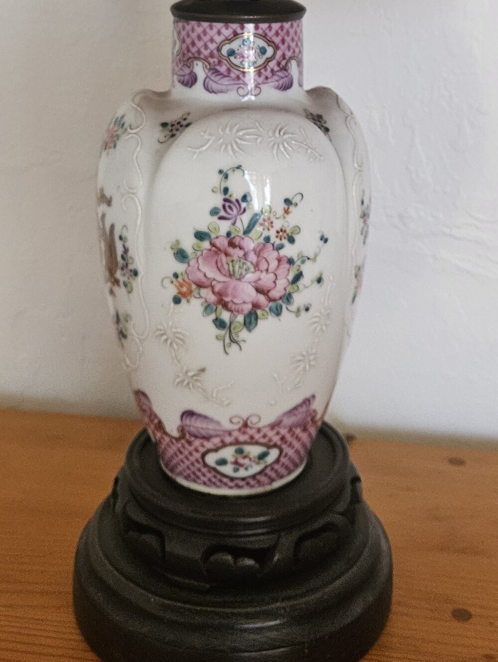 Vintage Floral Porcelain Vase Table Lamp in Cream and Pink